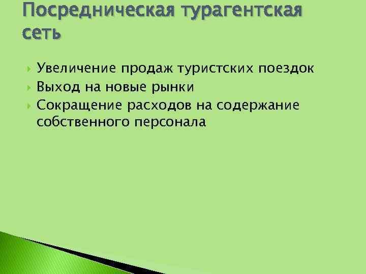 Посредническая турагентская сеть Увеличение продаж туристских поездок Выход на новые рынки Сокращение расходов на