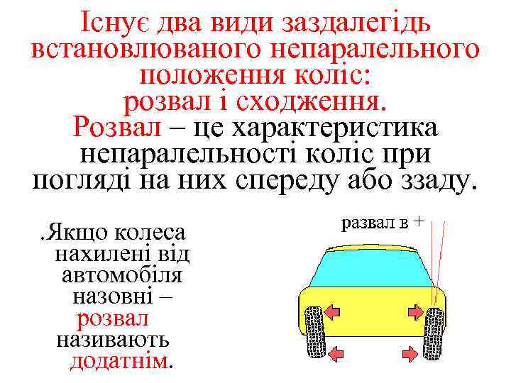 Існує два види заздалегідь встановлюваного непаралельного положення коліс: розвал і сходження. Розвал – це