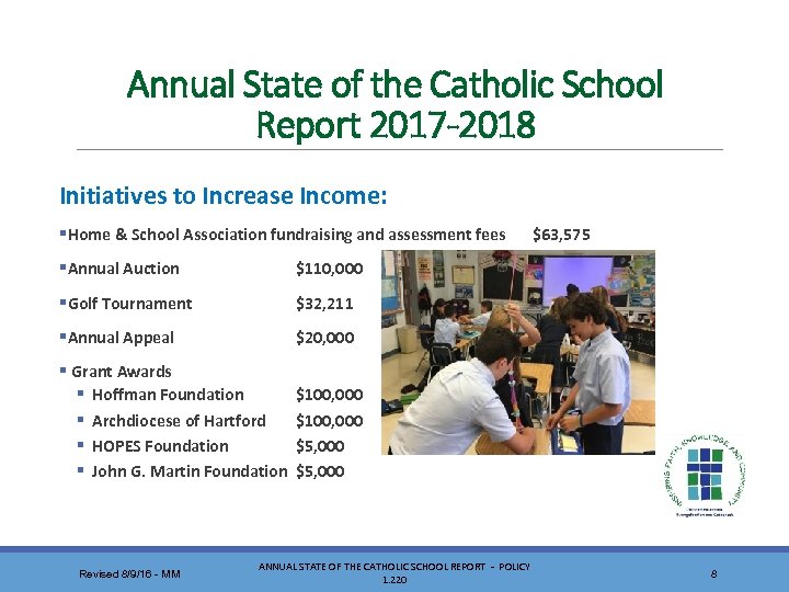Annual State of the Catholic School Report 2017 -2018 Initiatives to Increase Income: §Home