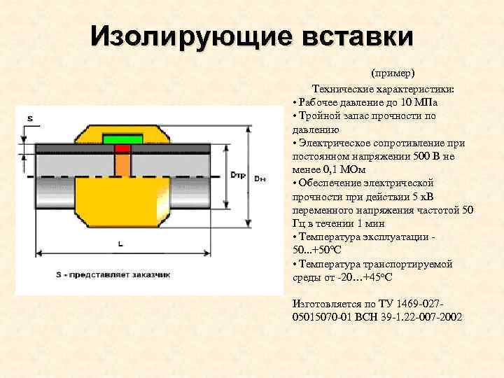 Изолирующие вставки (пример) Технические характеристики: • Рабочее давление до 10 МПа • Тройной запас