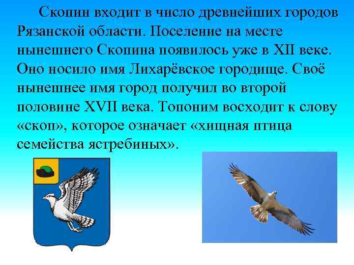 Скопин входит в число древнейших городов Рязанской области. Поселение на месте нынешнего Скопина появилось