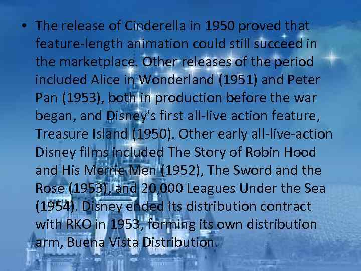  • The release of Cinderella in 1950 proved that feature-length animation could still
