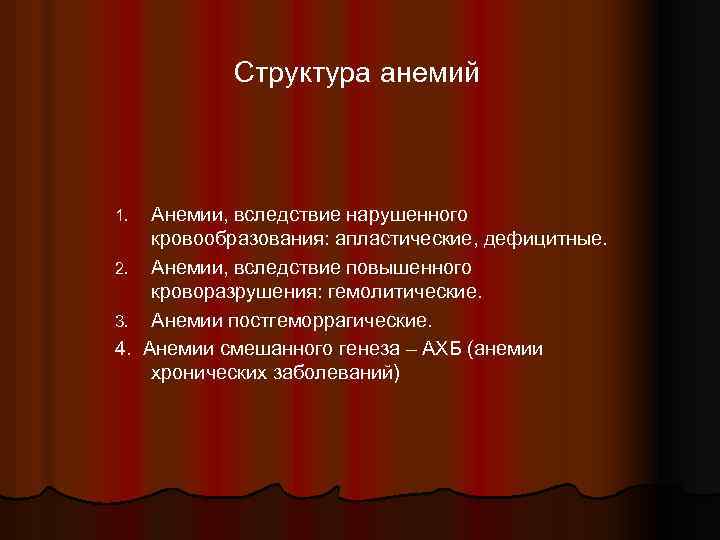 Структура анемий 1. 2. 3. 4. Анемии, вследствие нарушенного кровообразования: апластические, дефицитные. Анемии, вследствие