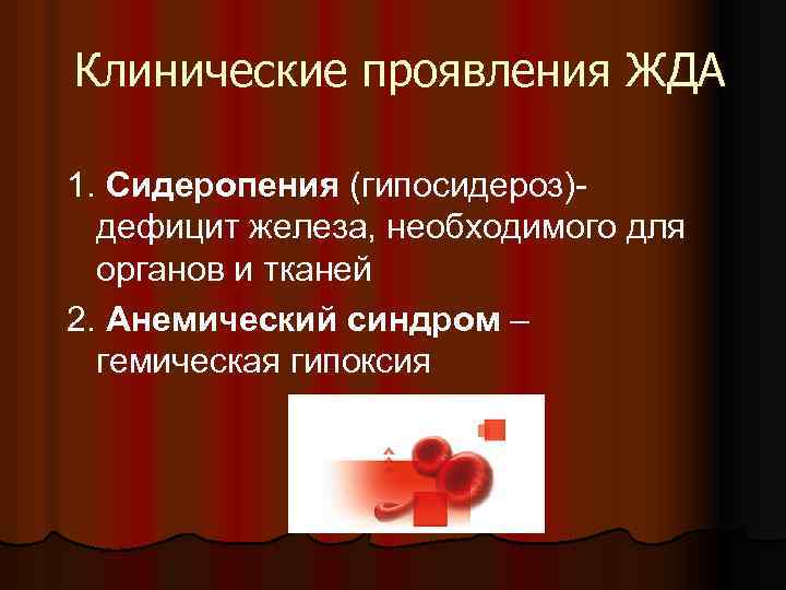 Клинические проявления ЖДА 1. Сидеропения (гипосидероз)дефицит железа, необходимого для органов и тканей 2. Анемический