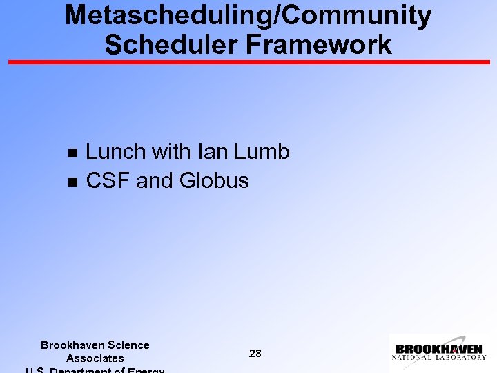 Metascheduling/Community Scheduler Framework n n Lunch with Ian Lumb CSF and Globus Brookhaven Science