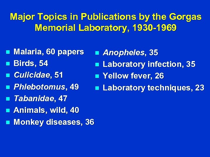 Major Topics in Publications by the Gorgas Memorial Laboratory, 1930 -1969 n n n