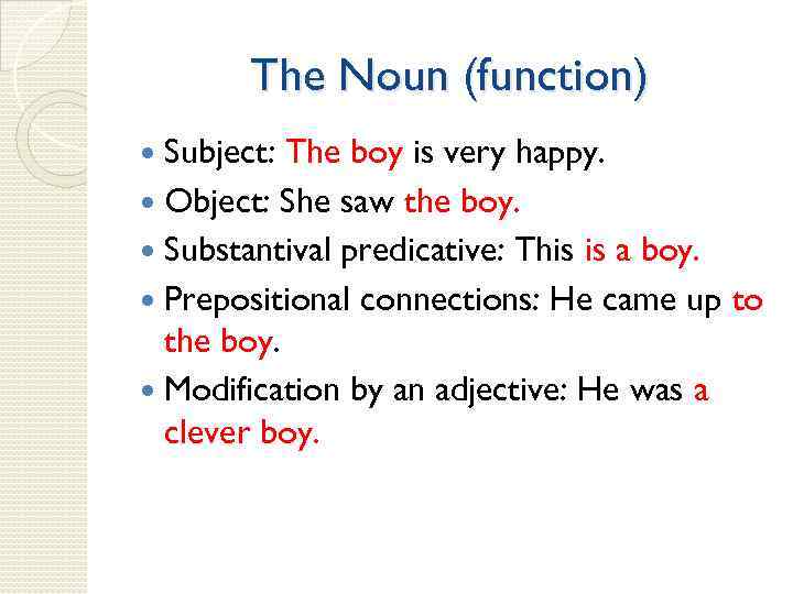 The Noun (function) Subject: The boy is very happy. Object: She saw the boy.