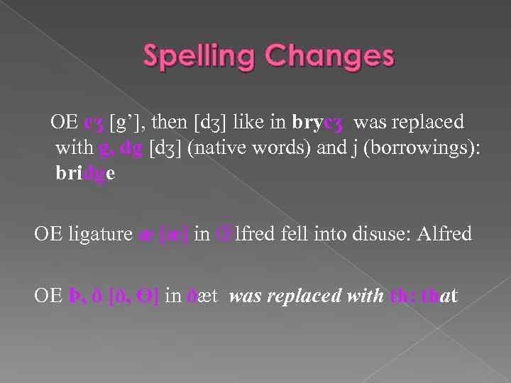 Spelling Changes OE cʒ [g’], then [dʒ] like in brycʒ was replaced with g,