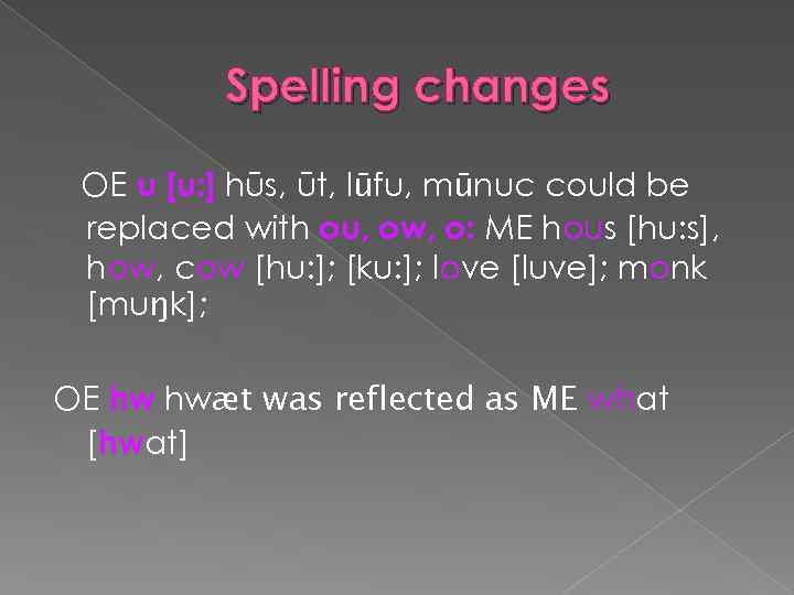 Spelling changes OE u [u: ] hūs, ūt, lūfu, mūnuc could be replaced with