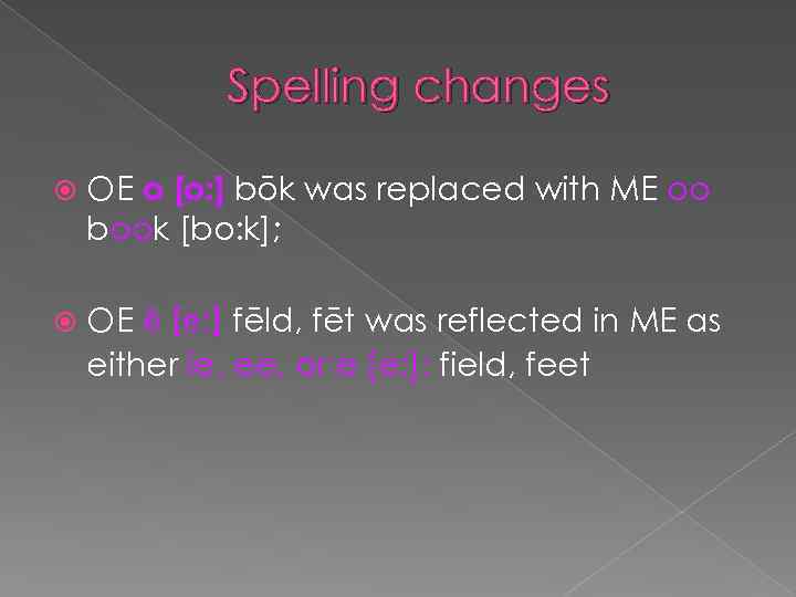 Spelling changes OE o [o: ] bōk was replaced with ME oo book [bo: