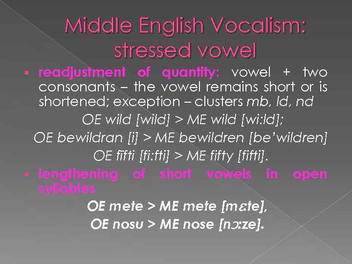 Middle English Vocalism: stressed vowel readjustment of quantity: vowel + two consonants – the