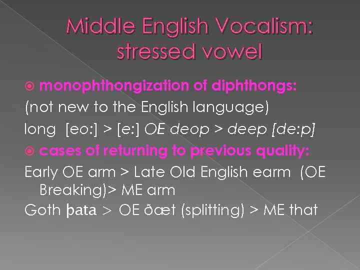 Middle English Vocalism: stressed vowel monophthongization of diphthongs: (not new to the English language)