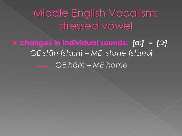 Middle English Vocalism: stressed vowel changes in individual sounds: [a: ] – [Ɔ: ]