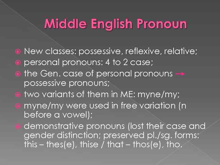 Middle English Pronoun New classes: possessive, reflexive, relative; personal pronouns: 4 to 2 case;