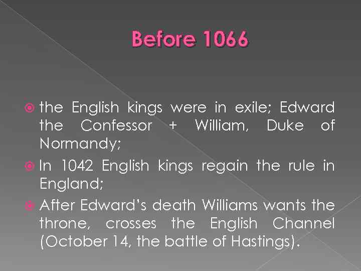 Before 1066 the English kings were in exile; Edward the Confessor + William, Duke