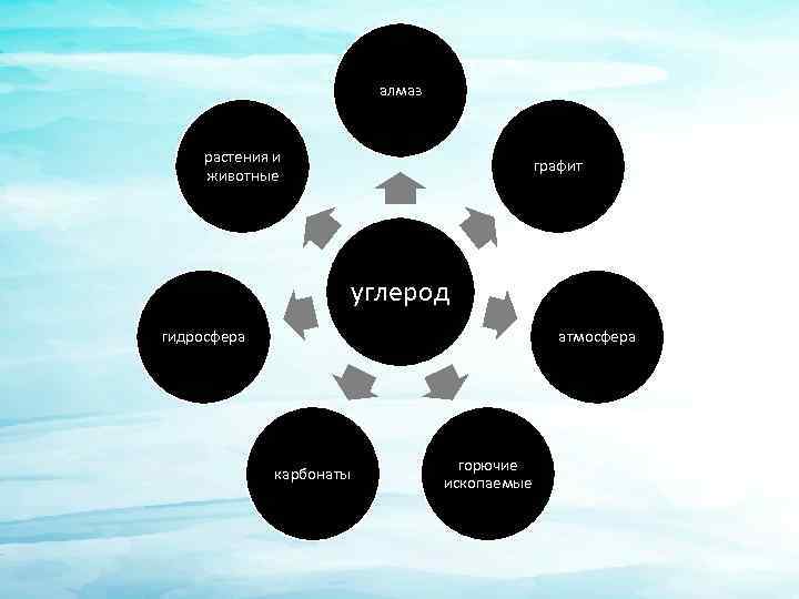 алмаз растения и животные графит углерод гидросфера атмосфера карбонаты горючие ископаемые 