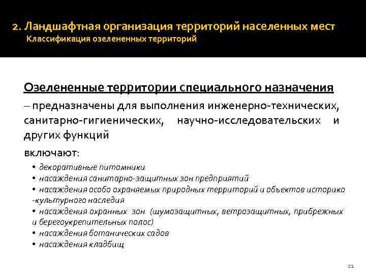 2. Ландшафтная организация территорий населенных мест Классификация озелененных территорий Озелененные территории специального назначения –