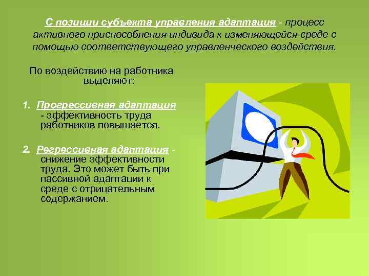 С позиции субъекта управления адаптация - процесс активного приспособления индивида к изменяющейся среде с