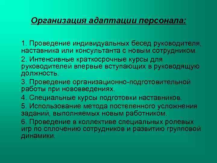 Организация адаптации персонала: 1. Проведение индивидуальных бесед руководителя, наставника или консультанта с новым сотрудником.