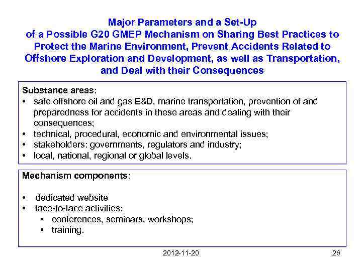 Major Parameters and a Set-Up of a Possible G 20 GMEP Mechanism on Sharing