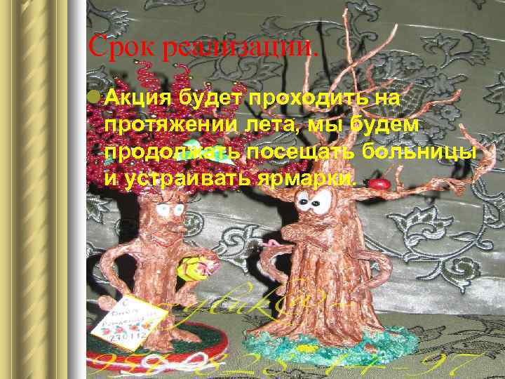 Срок реализации. l Акция будет проходить на протяжении лета, мы будем продолжать посещать больницы