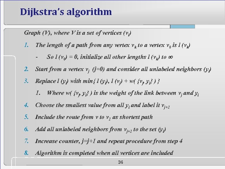 Dijkstra’s algorithm Graph (V), where V is a set of vertices (vi) 1. The