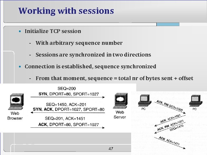 Working with sessions • Initialize TCP session - With arbitrary sequence number - Sessions