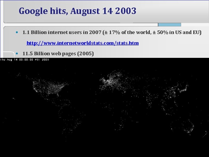 Google hits, August 14 2003 • 1. 1 Billion internet users in 2007 (±