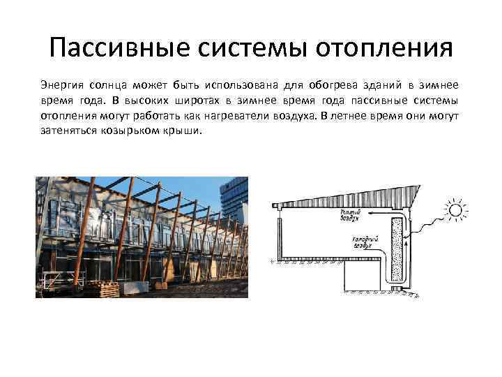 Пассивные системы отопления Энергия солнца может быть использована для обогрева зданий в зимнее время