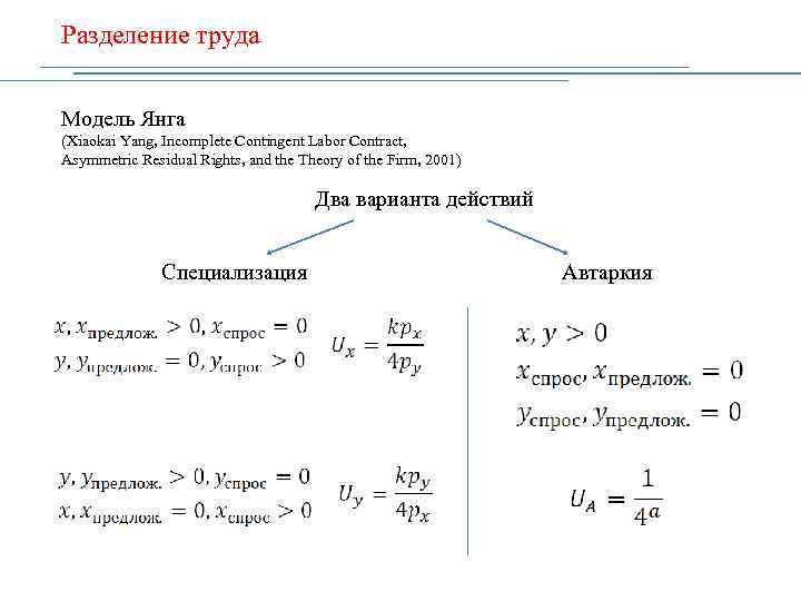 Разделение труда Модель Янга (Xiaokai Yang, Incomplete Contingent Labor Contract, Asymmetric Residual Rights, and