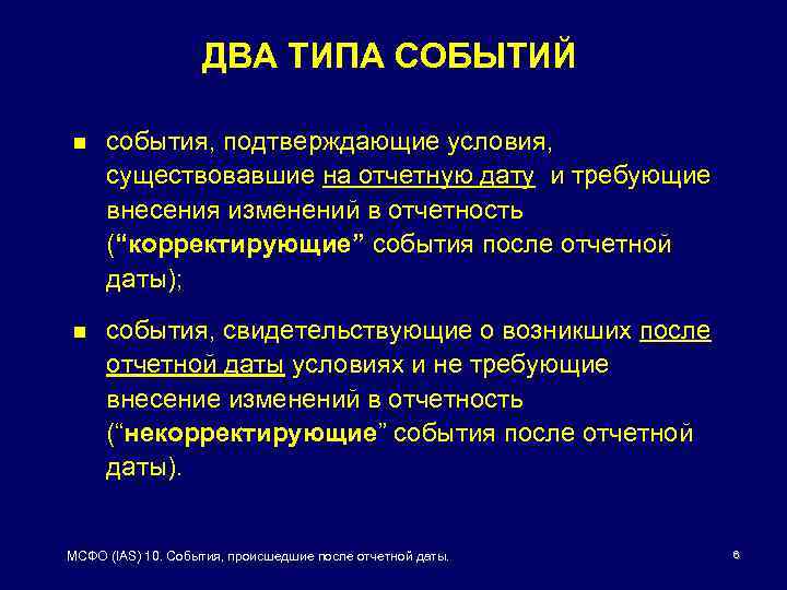 ДВА ТИПА СОБЫТИЙ n события, подтверждающие условия, существовавшие на отчетную дату и требующие внесения
