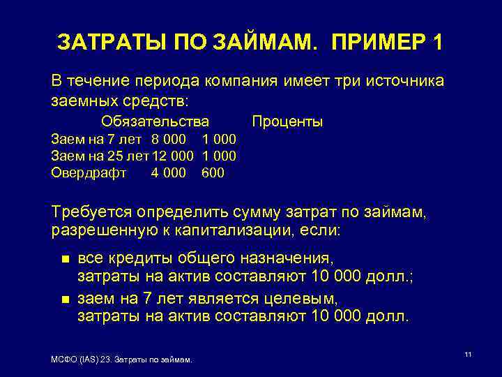 ЗАТРАТЫ ПО ЗАЙМАМ. ПРИМЕР 1 В течение периода компания имеет три источника заемных средств: