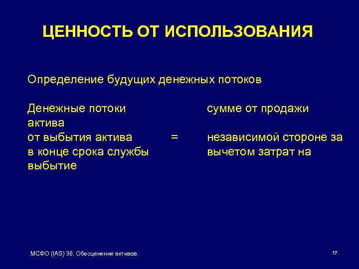 ЦЕННОСТЬ ОТ ИСПОЛЬЗОВАНИЯ Определение будущих денежных потоков Денежные потоки актива от выбытия актива в
