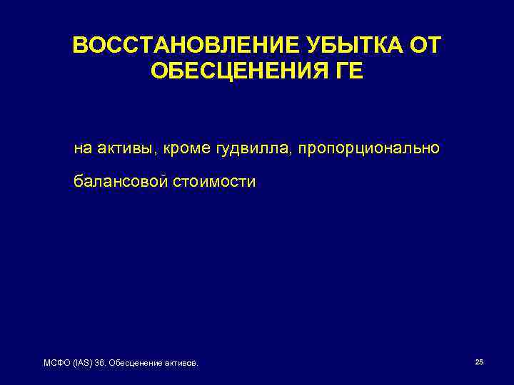 ВОССТАНОВЛЕНИЕ УБЫТКА ОТ ОБЕСЦЕНЕНИЯ ГЕ на активы, кроме гудвилла, пропорционально балансовой стоимости МСФО (IAS)