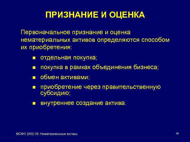 ПРИЗНАНИЕ И ОЦЕНКА Первоначальное признание и оценка нематериальных активов определяются способом их приобретения: n