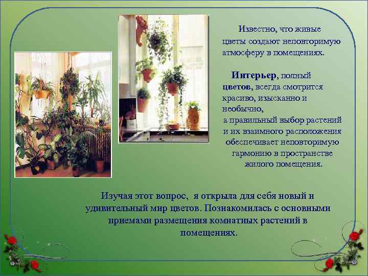 Известно, что живые цветы создают неповторимую атмосферу в помещениях. Интерьер, полный цветов, всегда смотрится