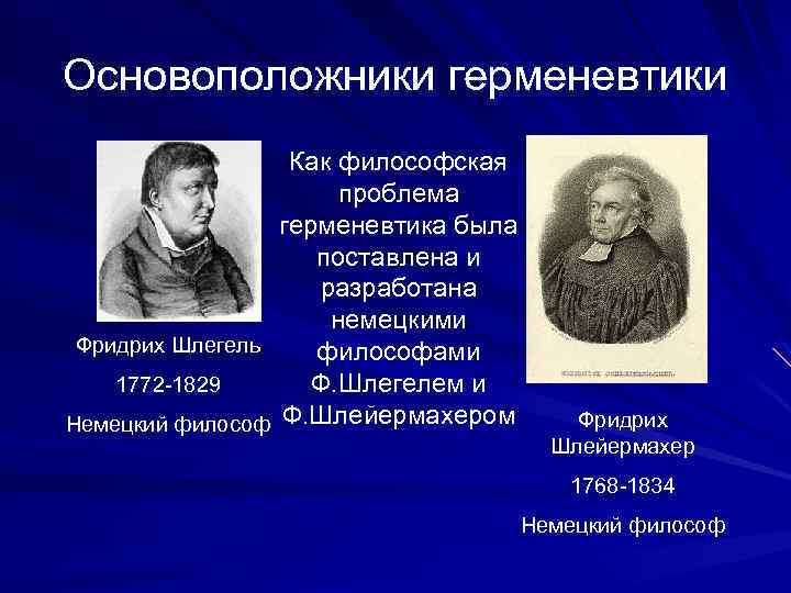 Основоположники герменевтики Как философская проблема герменевтика была поставлена и разработана немецкими Фридрих Шлегель философами