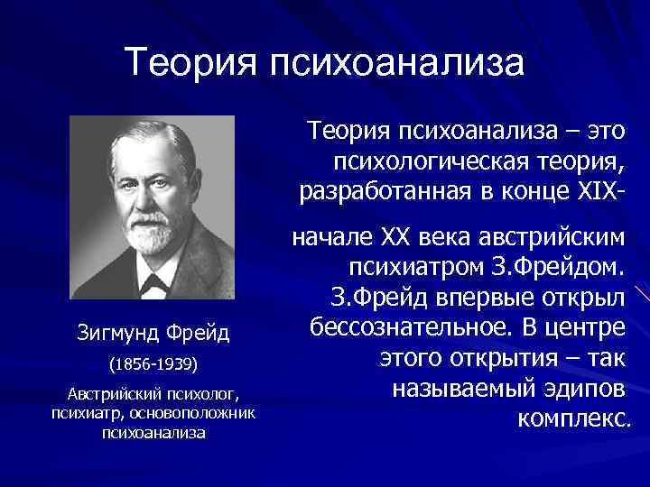 Теория психоанализа – это психологическая теория, разработанная в конце XIX- Зигмунд Фрейд (1856 -1939)