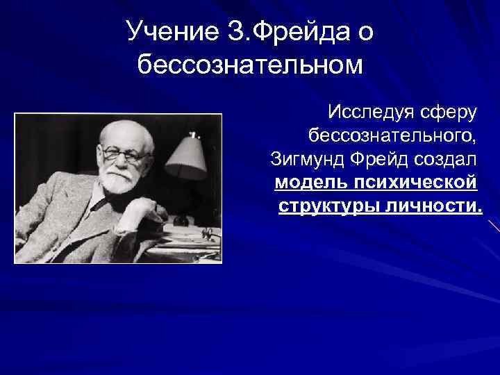 Учение З. Фрейда о бессознательном Исследуя сферу бессознательного, Зигмунд Фрейд создал модель психической структуры