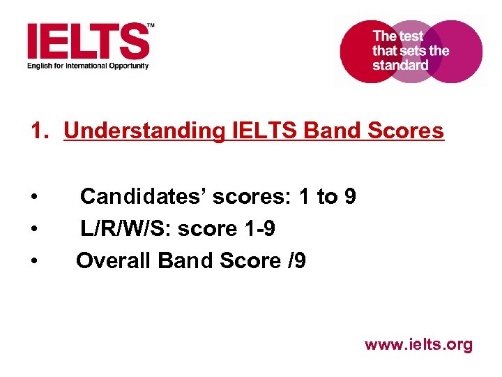 1. Understanding IELTS Band Scores • • • Candidates’ scores: 1 to 9 L/R/W/S: