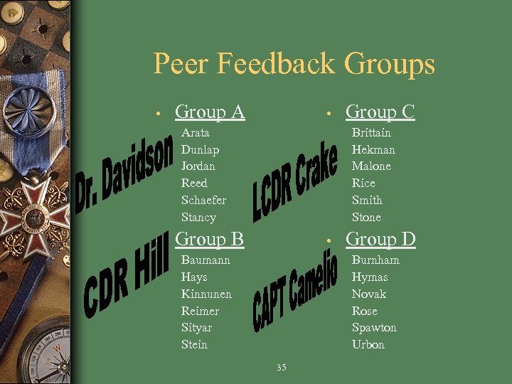 Peer Feedback Groups • Group A • Arata Dunlap Jordan Reed Schaefer Stancy •