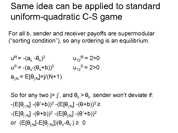 Same idea can be applied to standard uniform-quadratic C-S game For all b, sender