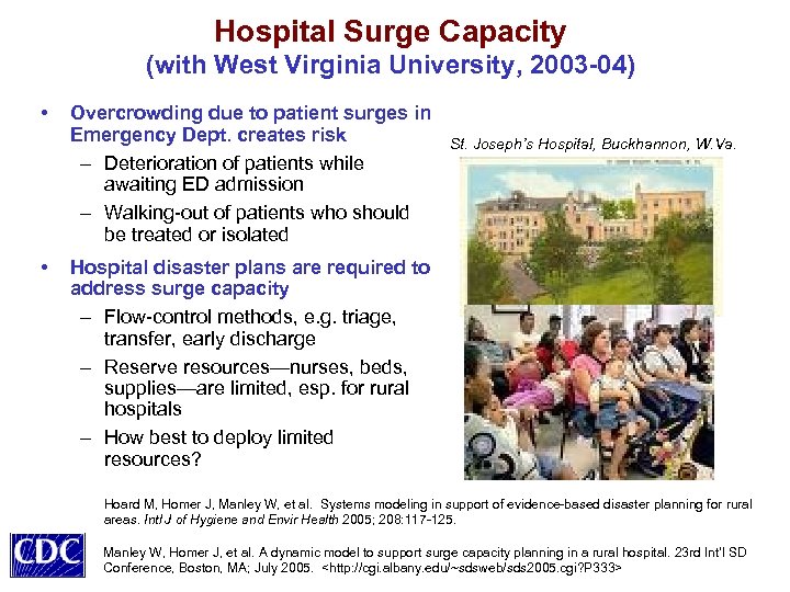 Hospital Surge Capacity (with West Virginia University, 2003 -04) • • Overcrowding due to