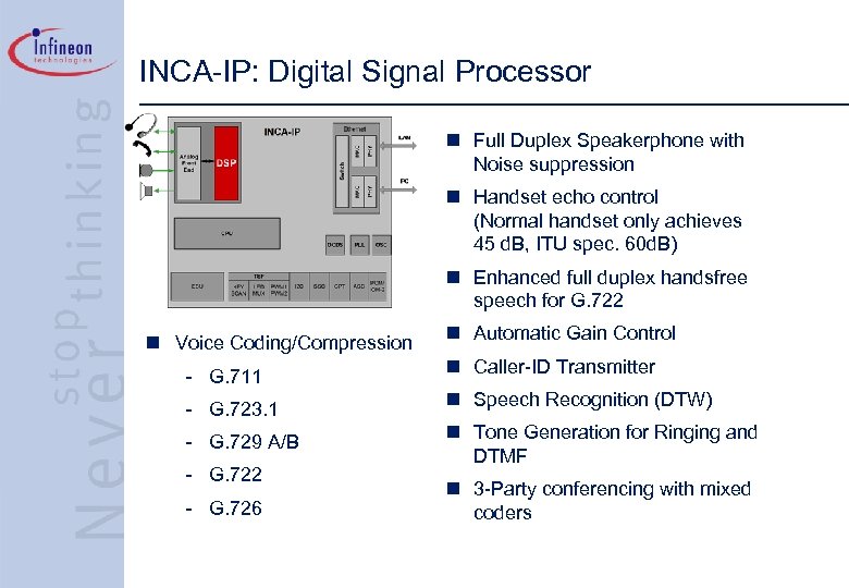 INCA-IP: Digital Signal Processor n Full Duplex Speakerphone with Noise suppression n Handset echo