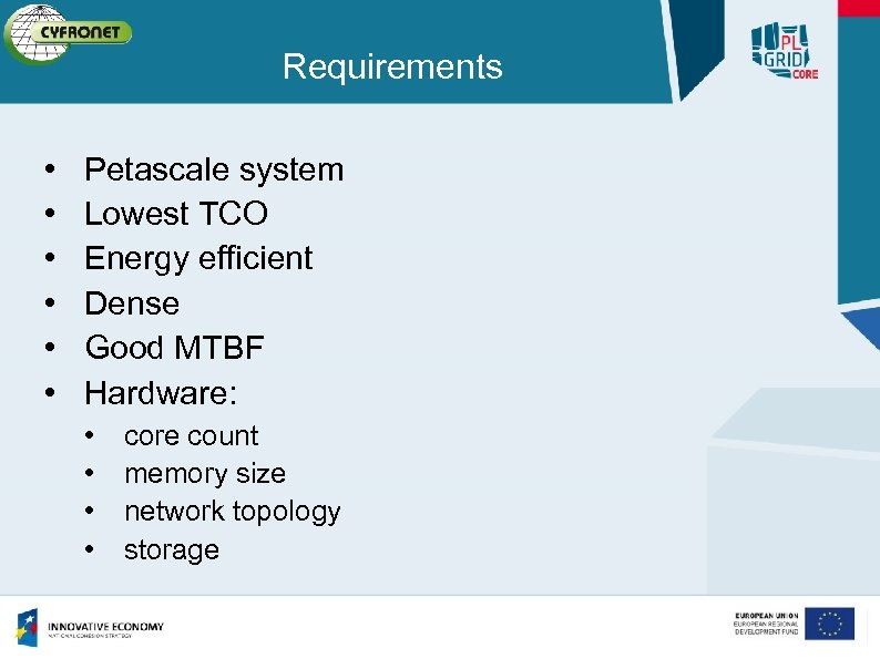 Requirements • • • Petascale system Lowest TCO Energy efficient Dense Good MTBF Hardware: