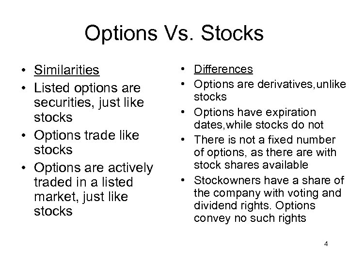 Options Vs. Stocks • Similarities • Listed options are securities, just like stocks •
