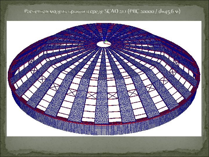 Расчетная модель крыши в среде SCAD 21. 1 (РВС 20000 / d=45, 6 м)