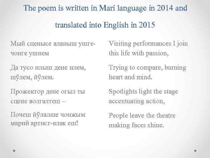 The poem is written in Mari language in 2014 and translated into English in