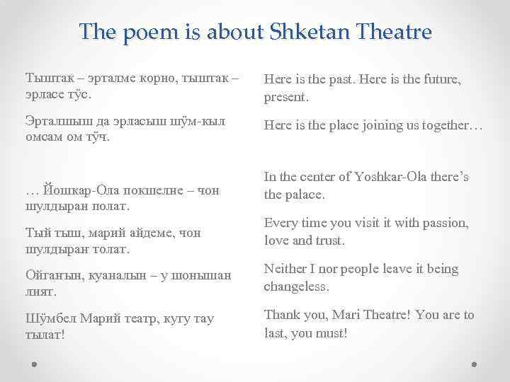 The poem is about Shketan Theatre Тыштак – эрталме корно, тыштак – эрласе тӱс.