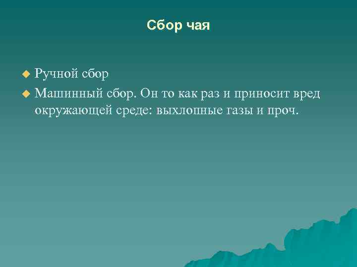 Сбор чая Ручной сбор u Машинный сбор. Он то как раз и приносит вред